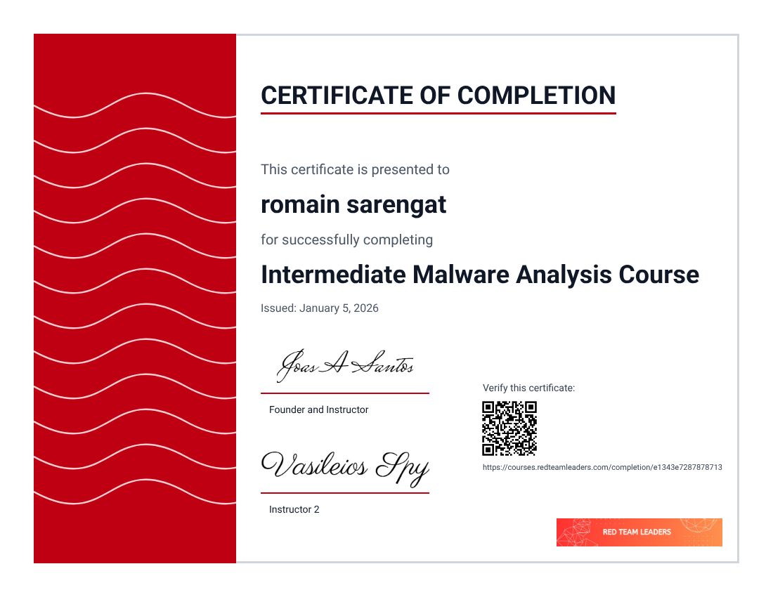 Certificate: Intermediate Malware Analysis Course